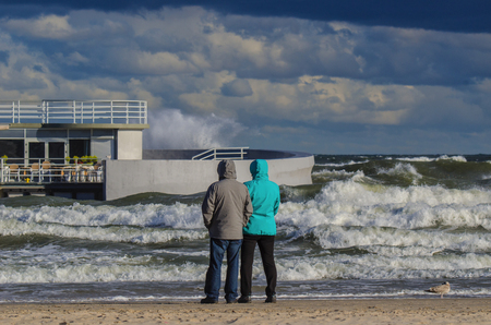 STORM IN THE BALTIC SEA. Stormy weather on the Polish coast in Kolobrzegの写真素材