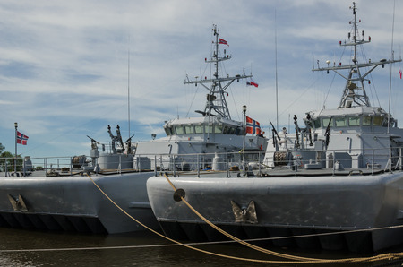 TWO WARSHIPS - Norwegian Mineships at the quay quayの写真素材