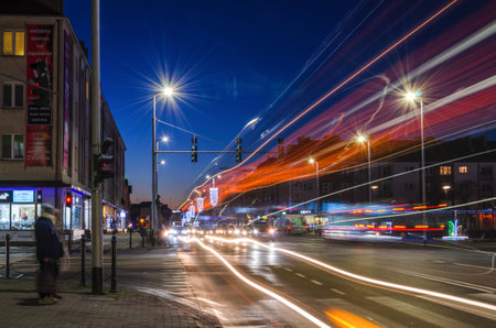 KOSZALIN, WEST POMERANIAN / POLAND: Christmas time - Evening traffic at the intersection of streetsのeditorial素材