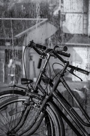 TWO BICYCLES - Old forgotten vehicles next to a glass wallの写真素材