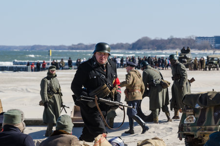 KOLOBRZEG, WEST POMERANIAN / POLAND - 2018: Reconstruction of battle for Kolobrzeg - Germany on the defensive barricadeのeditorial素材