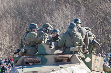 KOLOBRZEG, WEST POMERANIAN / POLAND - 2018: Reconstruction of battle for Kolobrzeg - German soldiers...