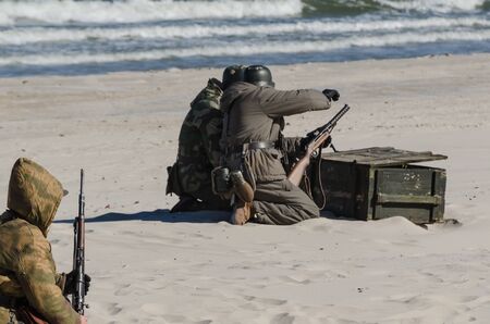 RECONSTRUCTION OF BATTLE FOR KOLOBRZEG - German soldiers in a defensive positionの写真素材