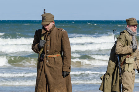 KOLOBRZEG, WEST POMERANIAN / POLAND - 2018: Reconstruction of battle for Kolobrzeg - Soldiers of the 1st Armyのeditorial素材