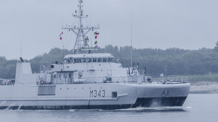 SWINOUJSCIE, WEST POMERANIAN / POLAND - 2017: Ship of Royal Norwegian Navy flows against the...