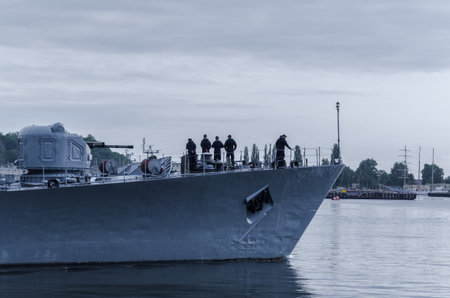 GDYNIA, POMERANIA REGION / POLAND - 2018: Polish warship corvette ORP KASZUB flows into the seaのeditorial素材