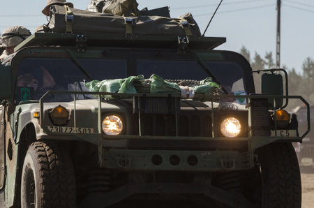BORNE SULINOWO, WEST POMERANIAN / POLAND - 2018: High Mobility Multipurpose Wheeled Vehicle - Ride a military vehicle of the reconstruction group of the American armyのeditorial素材