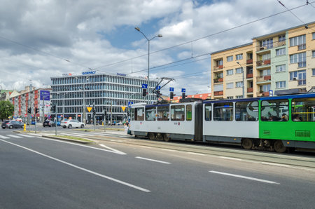 SZCZECIN, WEST POMERANIAN / POLAND - 2018: Car and tram traffic at the center of the big cityのeditorial素材