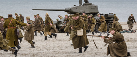 KOLOBRZEG, WEST POMERANIAN / POLAND - 2019: Reconstruction of battle for Kolobrzeg - The Polish Army...