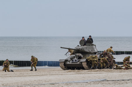 KOLOBRZEG, WEST POMERANIAN / POLAND - 2019: Reconstruction of battle for Kolobrzeg - The Polish Army...