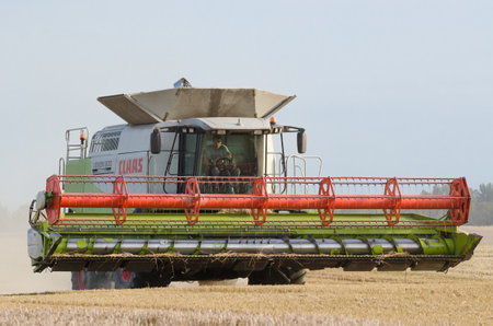 KOLOBRZEG, WEST POMERANIAN / POLAND - 2017: A modern combine harvester works in the field during harvest timeのeditorial素材