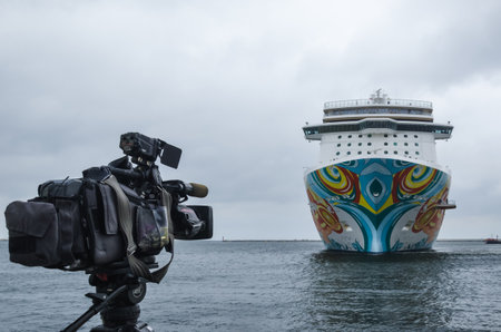 GDYNIA, POMERANIA REGION / POLAND - 2019: The beautiful cruise ship NORWEGIAN GETAWAY arrives in...