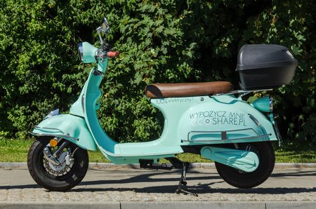 GDYNIA; POMERANIA REGION / POLAND - 2019: Electric scooter in a modern local transport system for renting and eco-friendly travel around the cityのeditorial素材