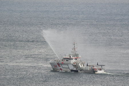 GDYNIA, POMARANIA REGION / POLAND - 2019: Search And Rescue boat in actionのeditorial素材