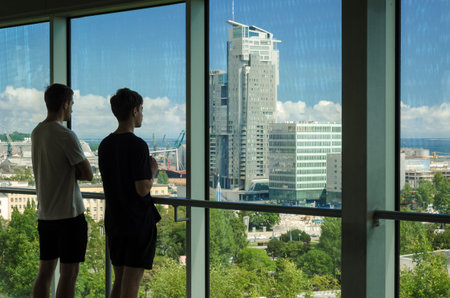 GDYNIA, POMERANIAN REGION / POLAND - 2019: People at viewpoint are watching the city landscape