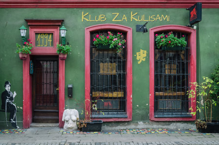 POZNAN / POLAND - 2019: Stylish Pub in a historic tenement house on a side streetのeditorial素材