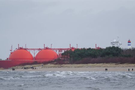 GAS TANKER - Red ship at the LNG terminalの写真素材