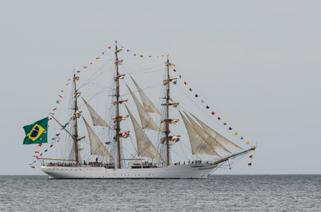 SWINOUJCIE, BALTIC SEA / POLAND - 2017: Brazilian CISNE BRANCO frigate at sea