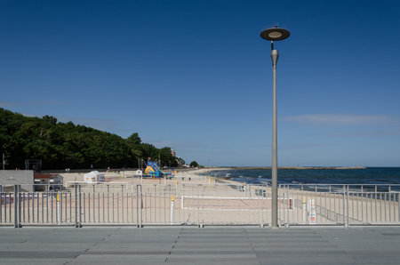 KOLOBRZEG, WEST POMERANIAN / POLAND - 2020: An empty beach volleyball courtのeditorial素材