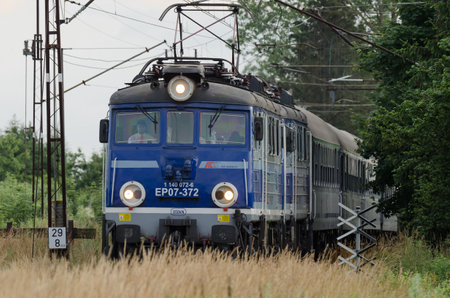 USTRONIE MORSKIE, WEST POMERANIAN / POLAND - 2020: A passenger express train travels on the rail routeのeditorial素材