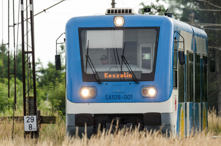 USTRONIE MORSKIE, WEST POMERANIAN / POLAND - 2020: The railbus carries passengers on the local rail...