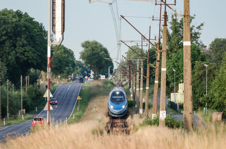 USTRONIE MORSKIE, WEST POMERANIAN / POLAND - 2020: A modern and fast PENDOLINO electric multiple unit on the railway routeのeditorial素材