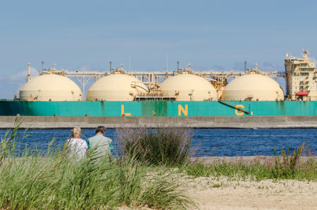 SWINOUJSCIE, WEST POMERANIAN / POLAND - 2020: The LNG carrier SOKOTO unloads gas at the terminal in...