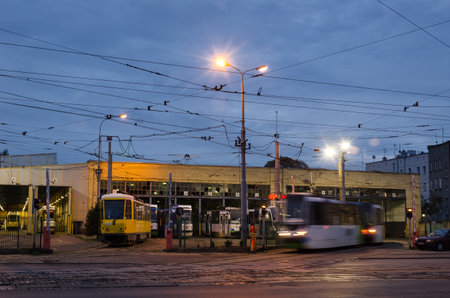 SZCZECIN, WEST POMERANIAN / POLAND - 2020: Trams in the depot getting ready for workのeditorial素材