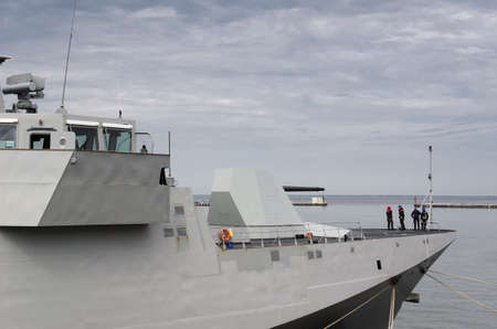 WARSHIP - Italian Navy guided missile frigate moored at the seaport wharfの写真素材