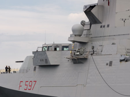 GDYNIA - POLAND - 2021: Italian Navy guided missile frigate moored at the seaport wharfのeditorial素材