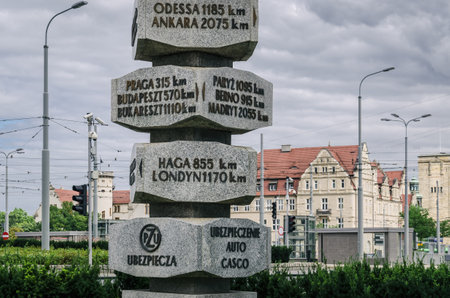 POZNAN - POLAND - 2021: Swiatowid monument at Kopernik Roundaboud (Copernicus Roundaboud) in historic communications center of the cityのeditorial素材