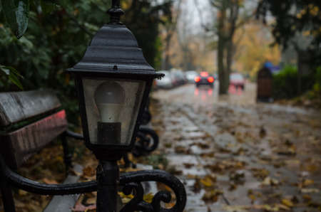 AUTUMN IN CITY - Rainy weather and leaves on a park benchの写真素材