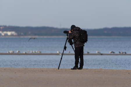 ORNITHOLOGIST - The man on seashore is watching birdsの写真素材