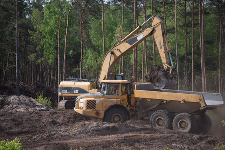 SWINOUJSCIE, WEST POMERANIAN - POLAND - 2022: Dump truck and excavator at the expressway construction sideのeditorial素材