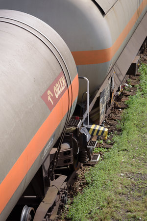 RAILWAY SIDING - POLAND - 2022: Railroad tankers for the transportation of gasのeditorial素材