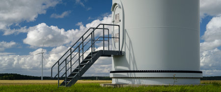 WIND FARM - Cumulus clouds over the turbines producing electricity