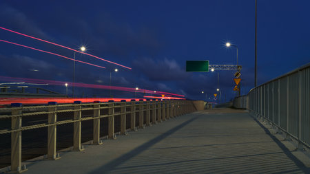 ON THE ROAD AT NIGHT - The bridge over expressway in the lights of street lamps