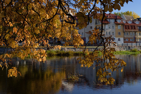 KOLOBRZEG, WEST POMERANIAN - POLAND - 2022: Colorful autumn in city on banks of the riverのeditorial素材