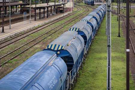 BIALOGARD, WEST POMERANIAN - POLAND - 2022: RAILWAY TRANSPORT - A wagons for transporting cereal...