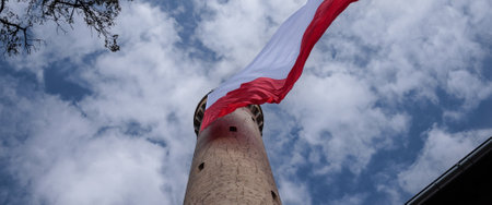 STATE FLAG - Flag of Poland at the lighthouse in Swinoujscieの写真素材
