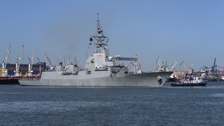 GDYNIA - POLAND - 2023: Spanish Navy frigate flows from the port to sea
