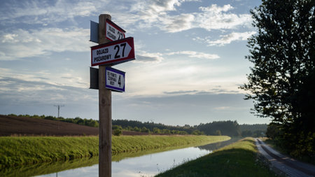 SIGNSPOST - Boards with inscriptions "fire road" and" to the water intake point"の写真素材