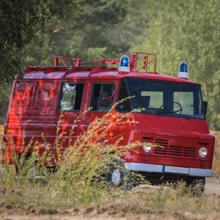 FIRE DEPARTMENT - Polish historic light rescue and firefighting vehicle at field showsの写真素材