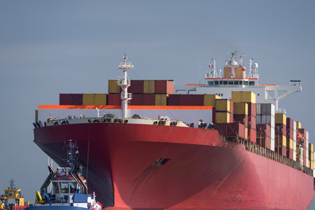 MARITIME TRANSPORT - A huge container ship sails with cargo to the port