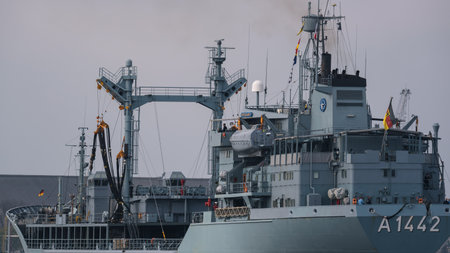 SWINOUJSCIE, WEST POMERANIAN - POLAND - 2022: A supply ship of the German Navy going to the portのeditorial素材