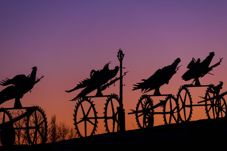 KOSZALIN, WEST POMERANIAN - POLAND - 08 JANUARY, 2024: Art installation by Polish artist WÅadysÅaw Hasior "Burning Birds"のeditorial素材