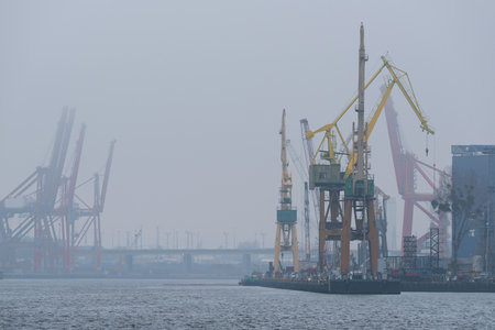 SHIPYARD - Industrial landscape in foggy weatherの写真素材