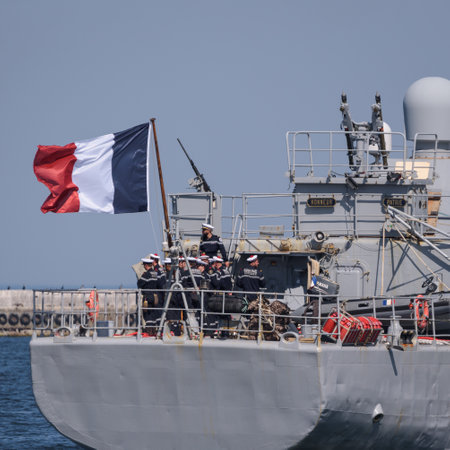 GDYNIA, POMERANIAN REGION - POLAND - MAY 27, 2024: Ship FS COMMENDANT BLAISON and flag of the French Navyのeditorial素材