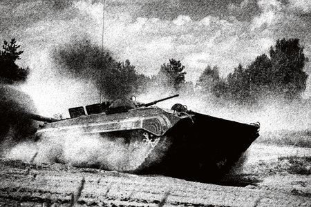 INFANTRY FIGHTING VEHICLE - Armored personnel carrier drives through forest off-road terrain