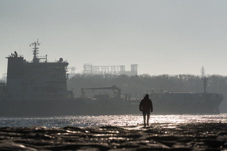 SEA COAST - A man walks on a stone breakwater against the backdrop of a ship sailing into an algal portの写真素材